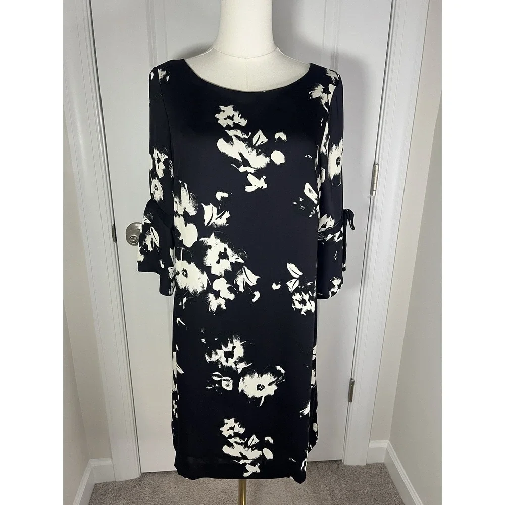 h&m knee length dress Women's H&M Knee Length Shift Dress 3/4 Sleeve‎ Floral Black White Size 8
